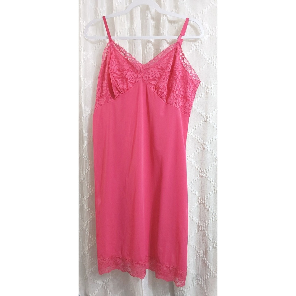 Vintage Hot Pink Lace Trim Full Slip Nightgown Lingerie Adjustable Straps S/M